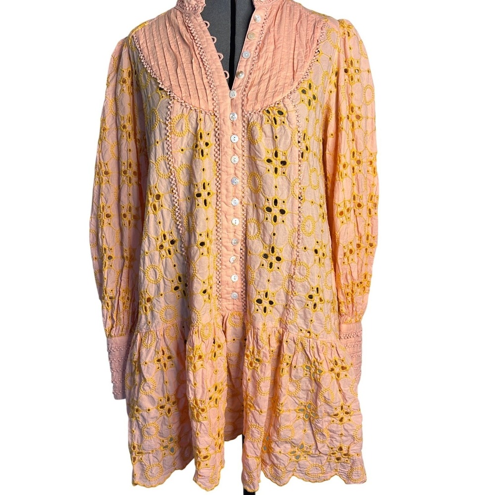ROIII Peach Eyelet Lace Mini Dress Orange Boho Embroidery Small